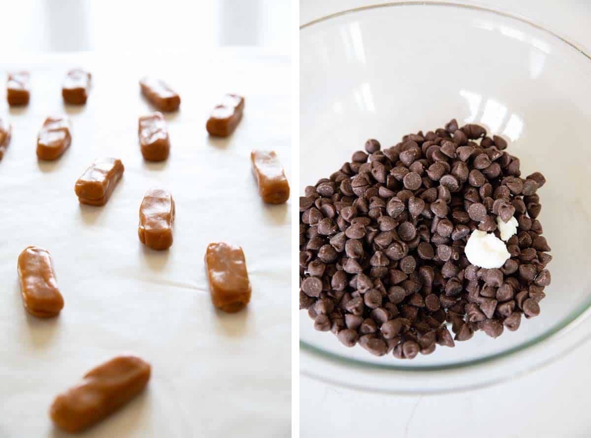 prepping caramel and chocolate.