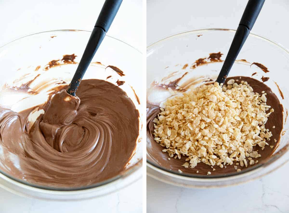 melting chocolate and adding crispy rice cereal
