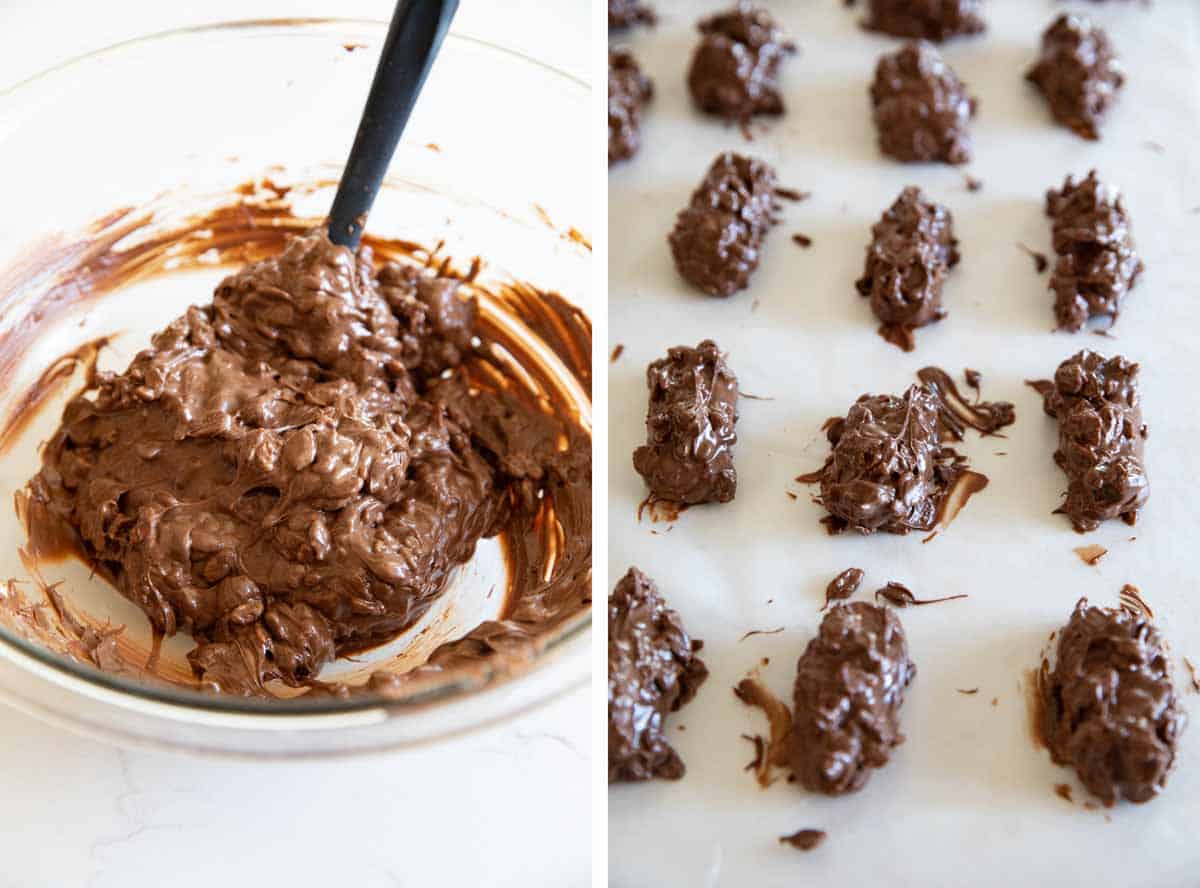 mixing chocolate with cereal and dipping caramels in chocolate mixture.