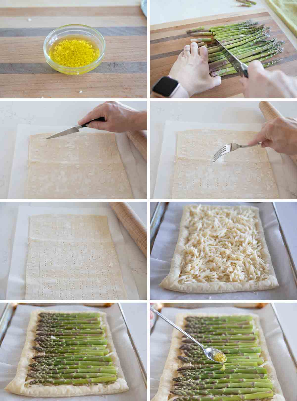 step by step photos showing how to make an asparagus tart