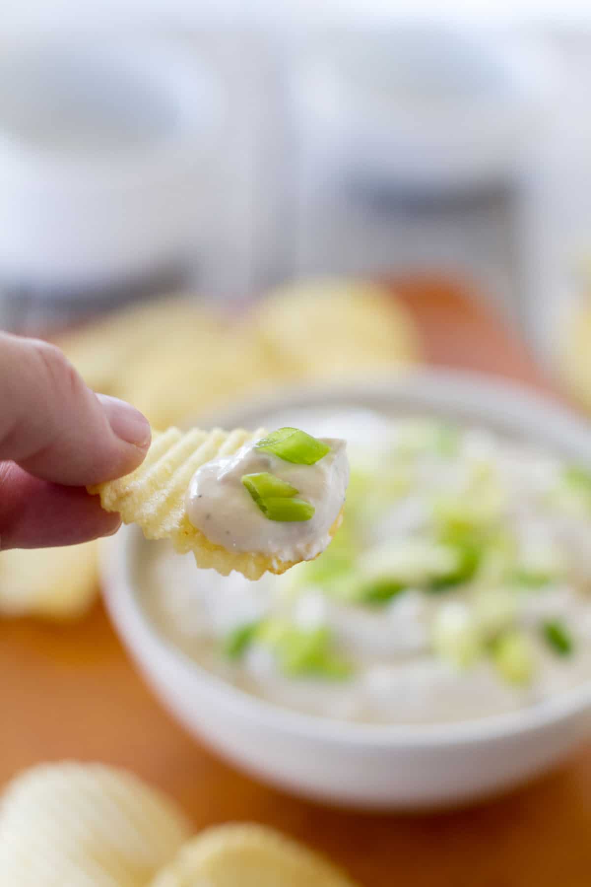 hand holding a potato chip with bacon horseradish dip