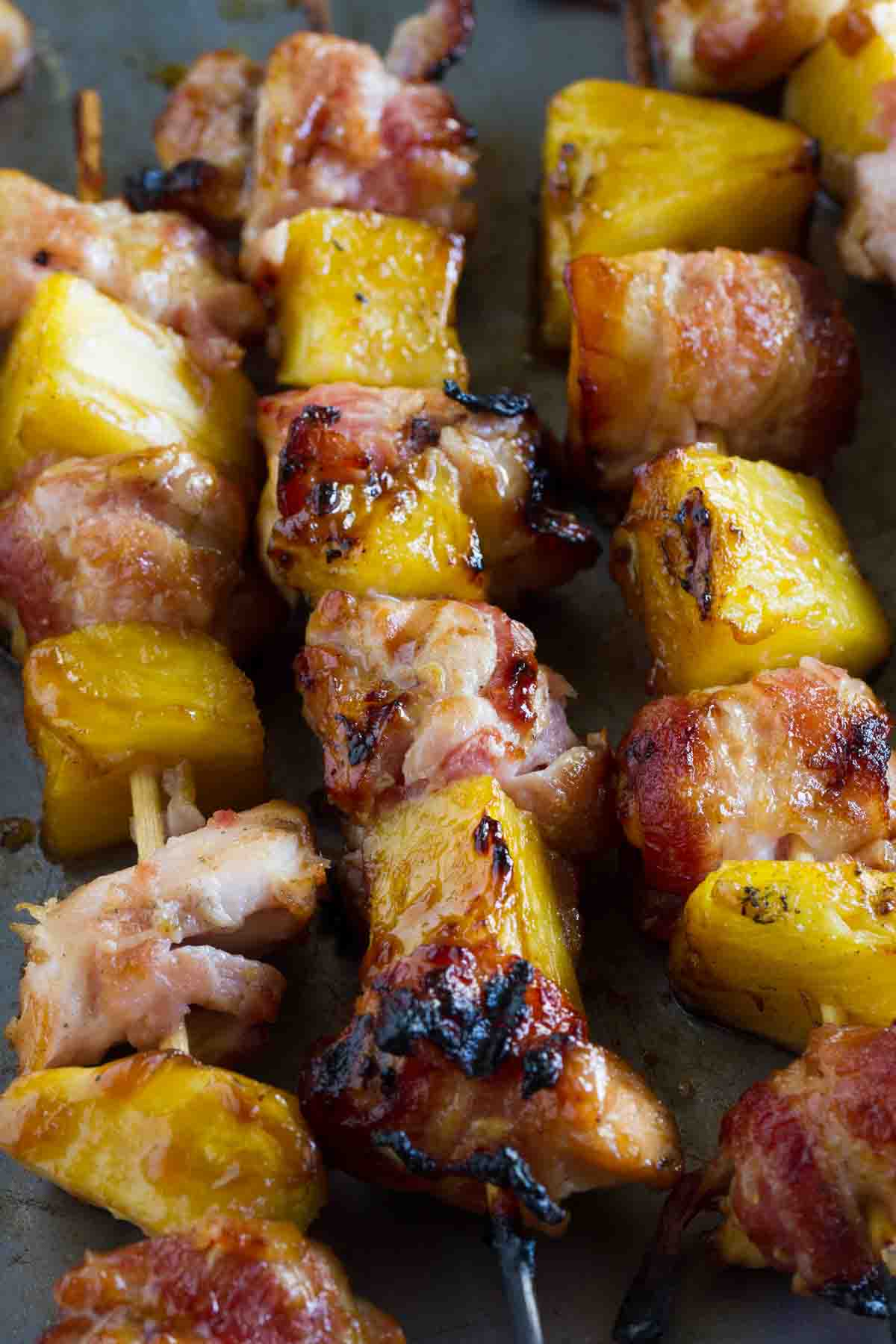 close up of Bacon Wrapped Teriyaki Chicken Skewers