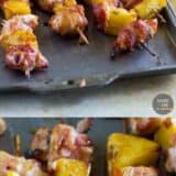 Bacon Wrapped Teriyaki Chicken Skewers collage with text bar at the top