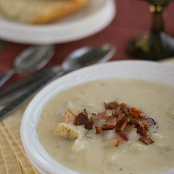 bowl of Baked Potato Soup topped with bacon