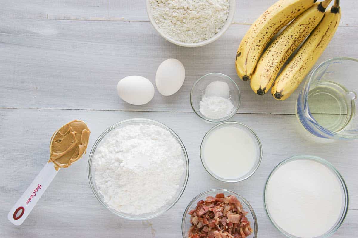 ingredients needed to make Banana Baked Donuts with Peanut Butter and Bacon