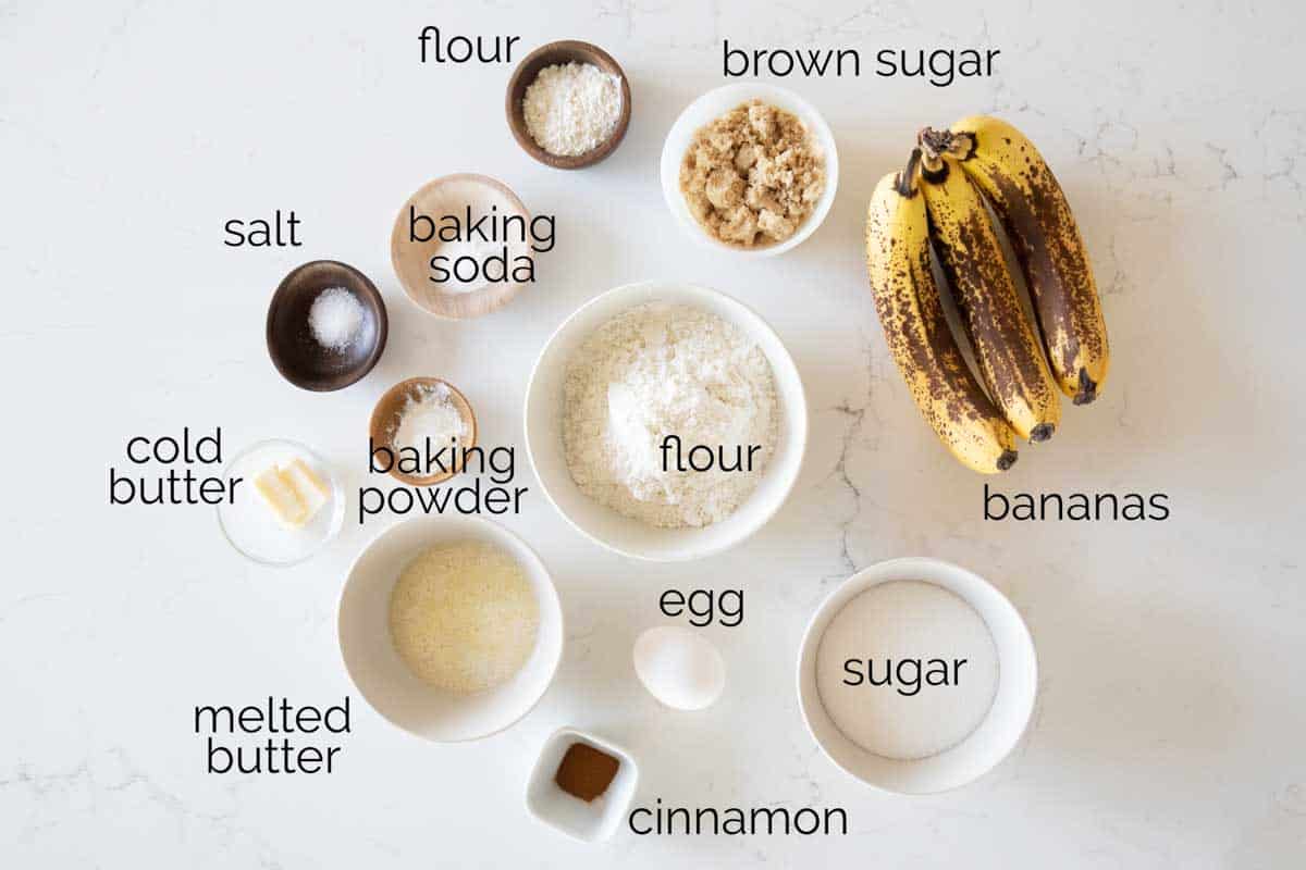 Ingredients needed to make banana muffins.