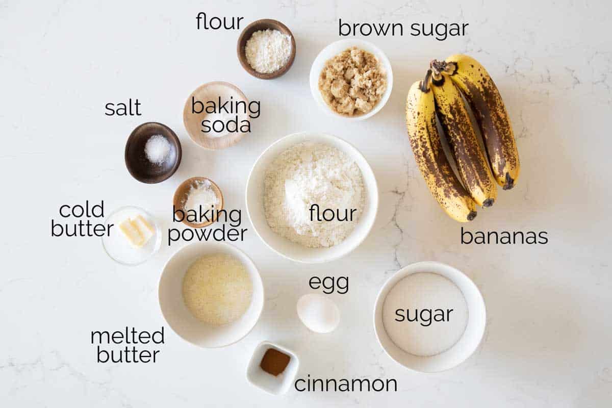 Filled with banana flavor and topped with a crunchy crumb topping, these Banana Muffins are a great way to use up overripe bananas. Ingredients needed to make banana muffins.