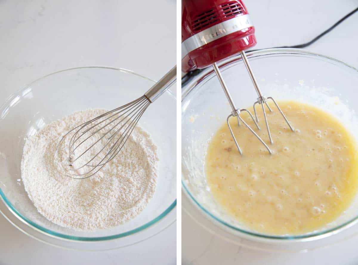 Mixing dry ingredients and mixing wet ingredients for muffins.