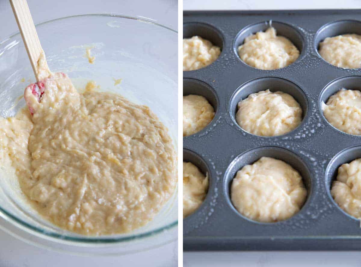 Making the batter for banana muffins and filling a muffin tin.