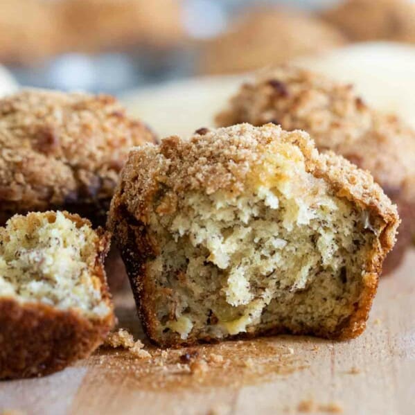 Inside texture of banana muffins with a crumb topping.