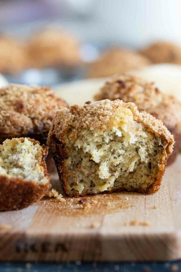 Inside texture of banana muffins with a crumb topping.