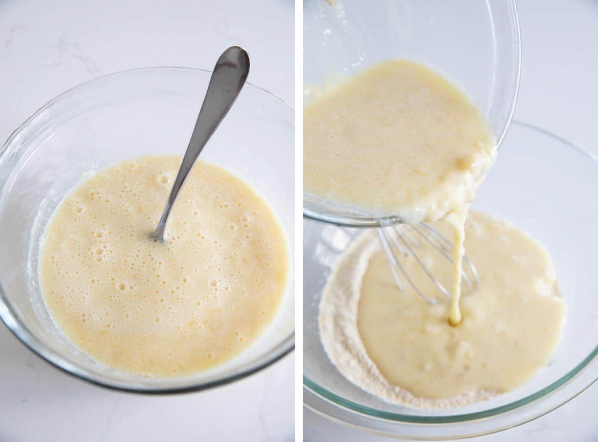 Mixing the wet ingredients for waffles then pouring into the dry ingredients.