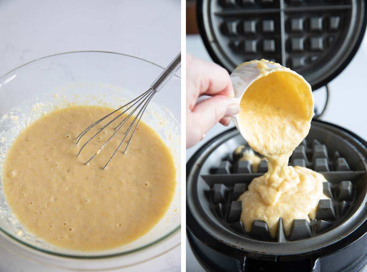 mixing banana pancake batter and pouring onto a waffle maker.
