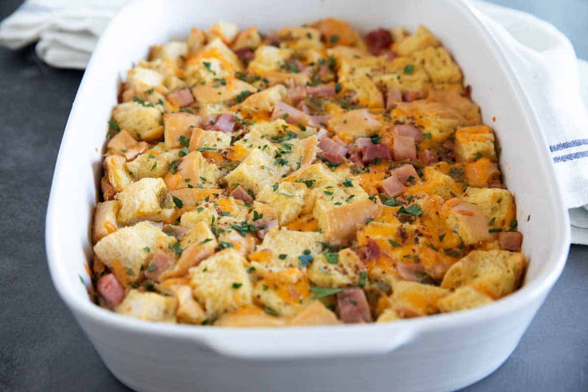 casserole dish of Breakfast Casserole with Ham and Cheese