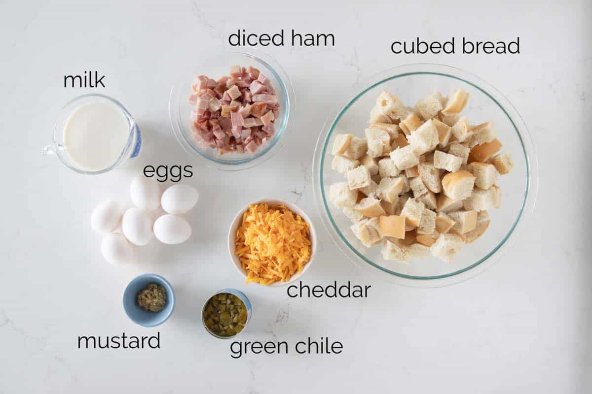 ingredients needed to make breakfast casserole with ham and cheese