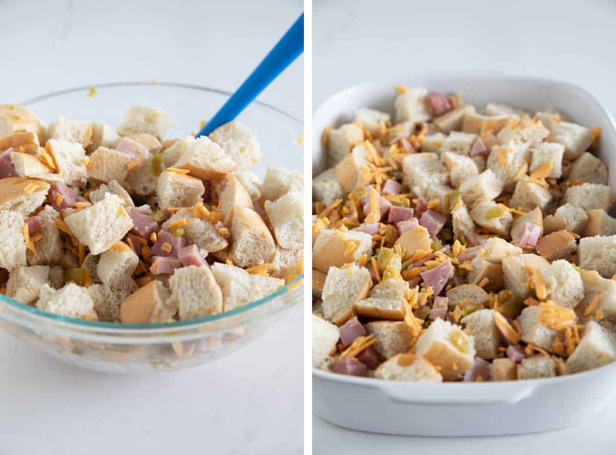 mixing ingredients for ham and cheese breakfast casserole