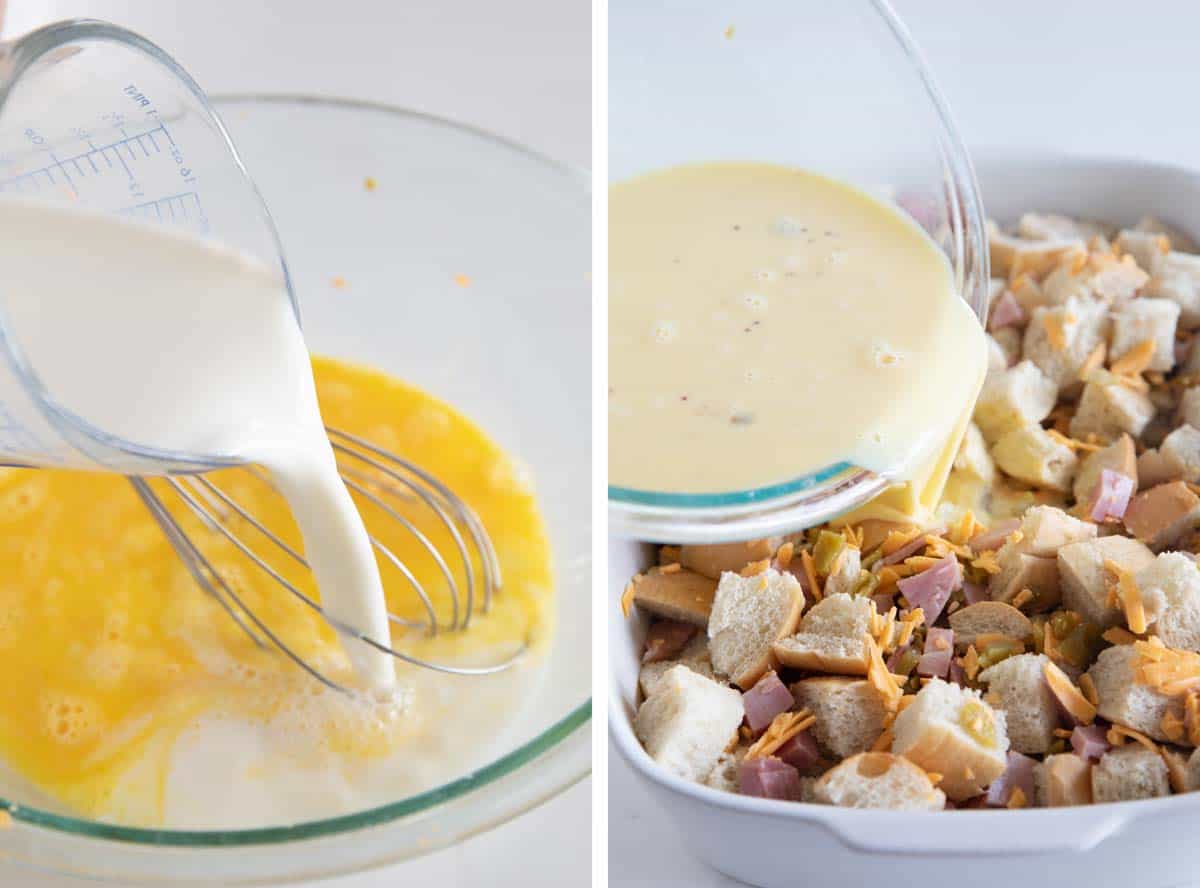 pouring liquid over savory overnight casserole