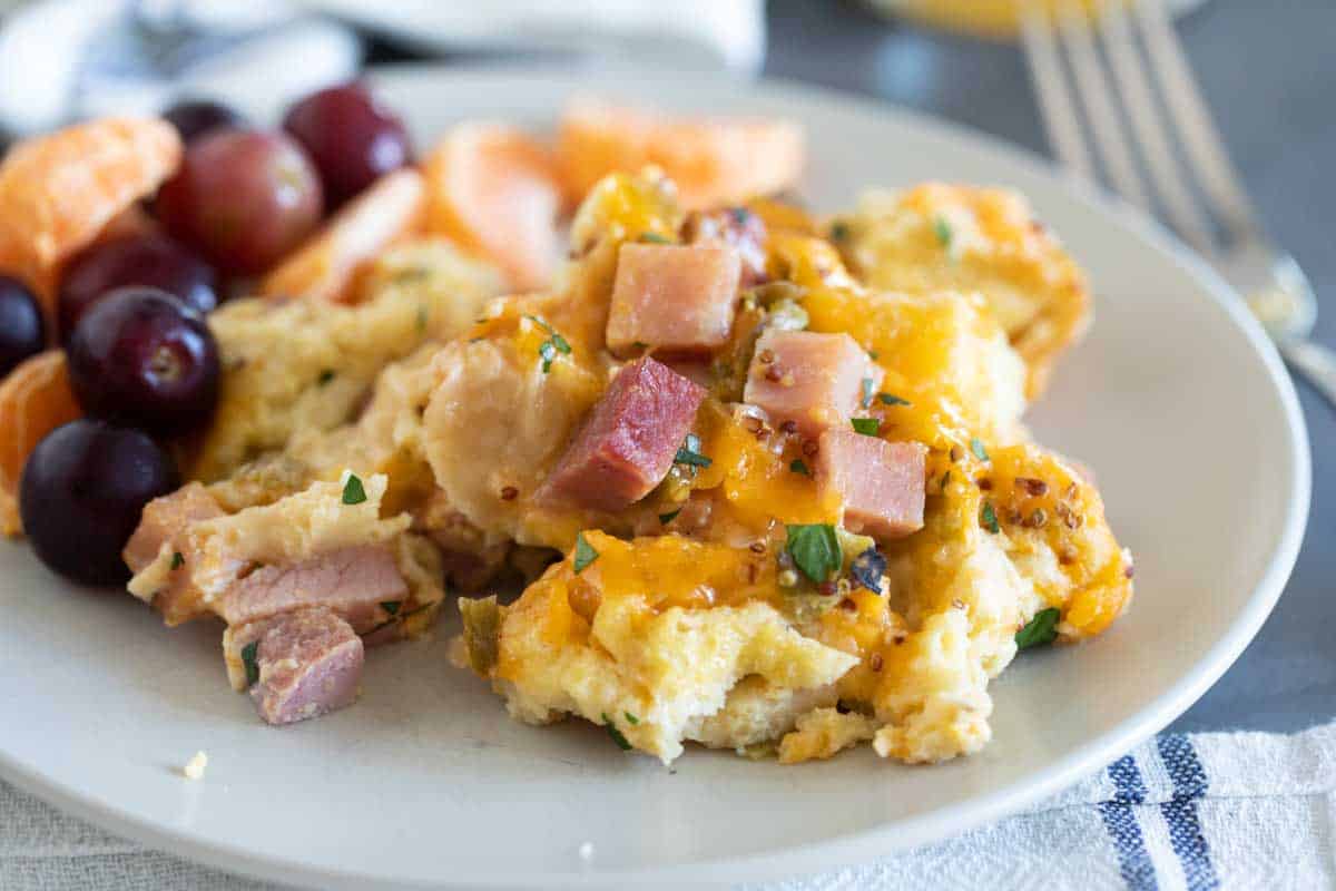 Serving of Breakfast Casserole with Ham and Cheese
