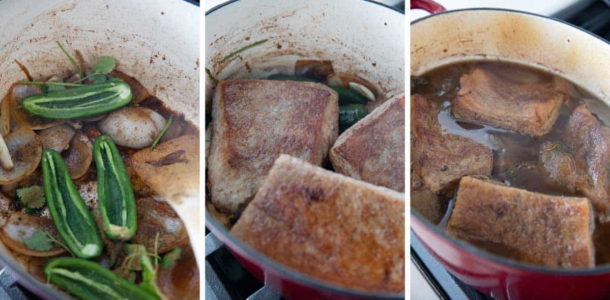 Adding peppers and herbs to brisket, the adding broth to make shredded brisket.