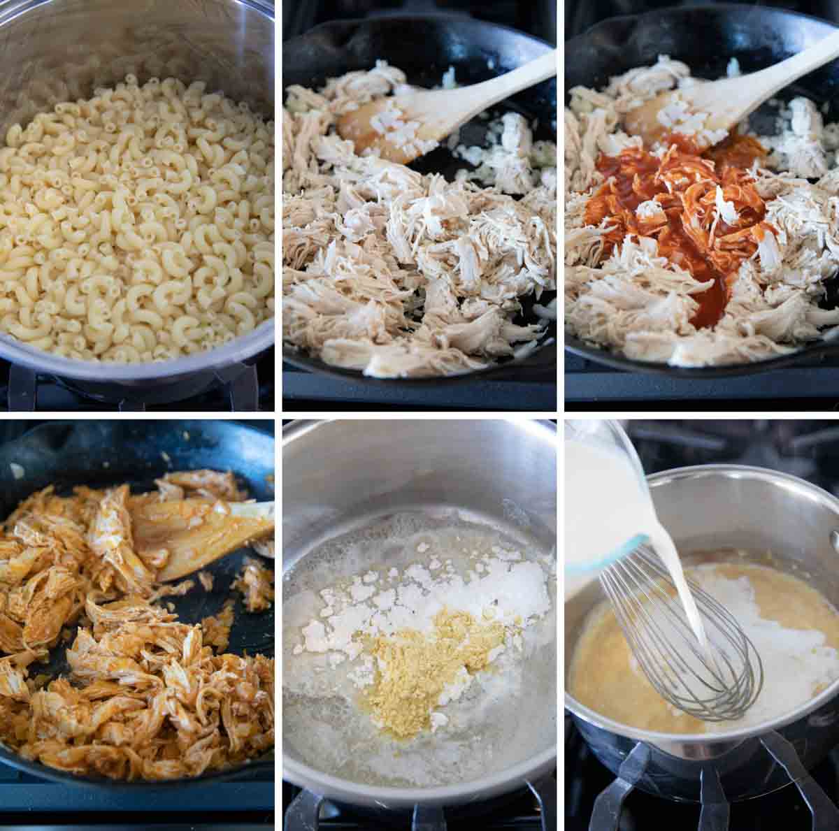 photo collage showing making pasta and chicken filling in buffalo chicken mac and cheese