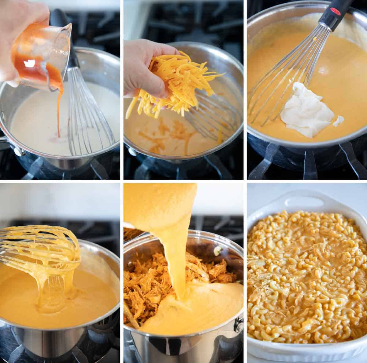 photos showing making of cheese sauce and stirring ingredients together