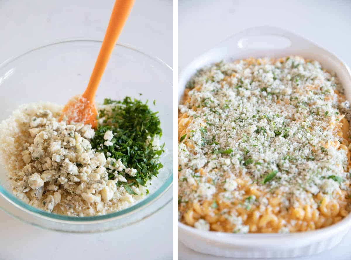 making the breadcrumb topping and adding it to the top of the casserole