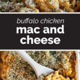 Buffalo Chicken Mac and Cheese collage with text bar in the middle