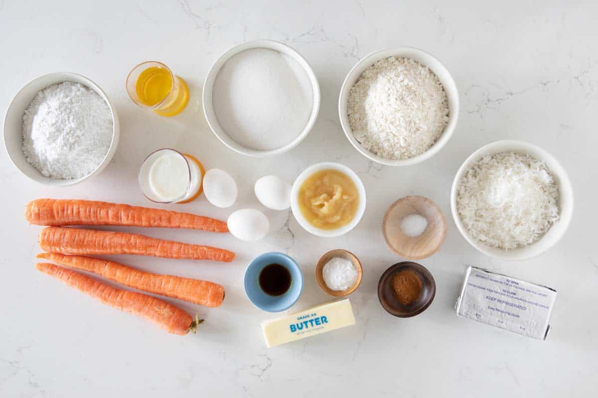 ingredients to make carrot sheet cake with toasted coconut