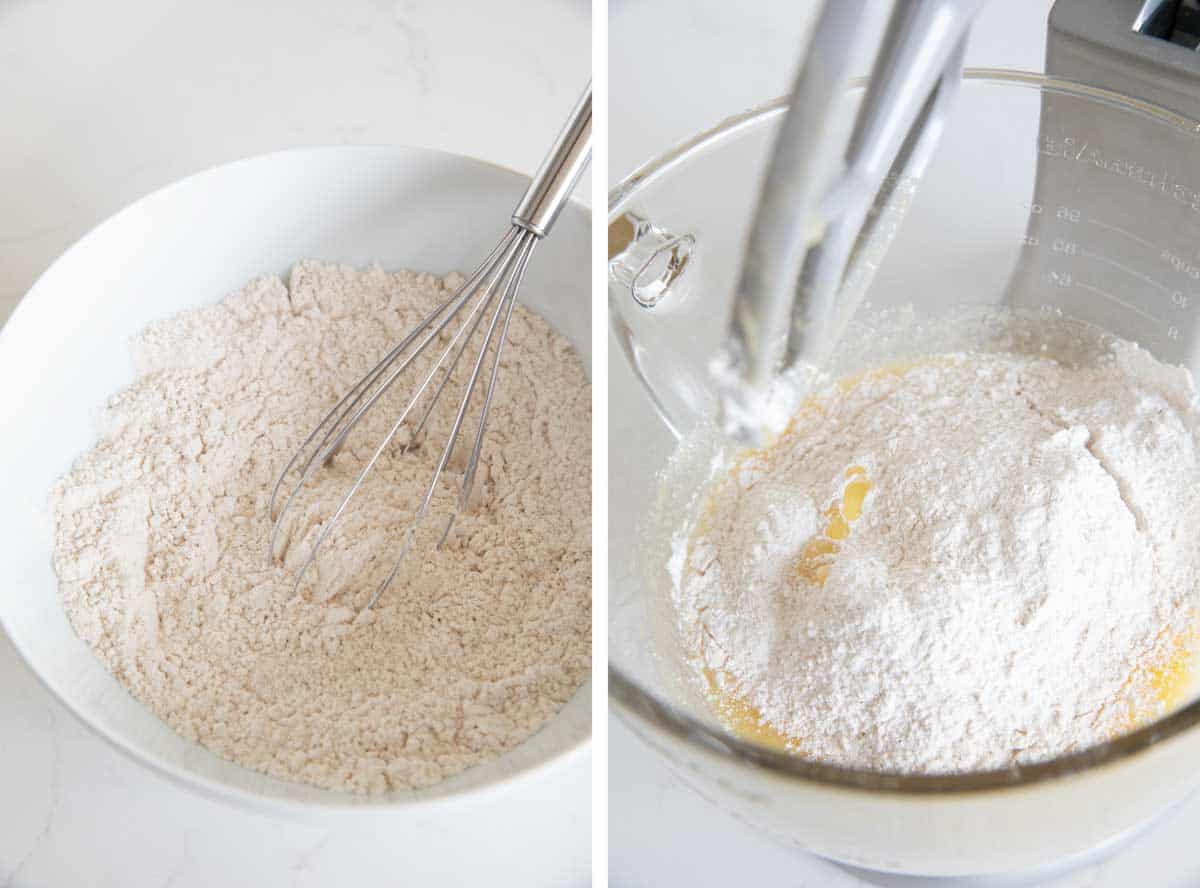 mixing dry ingredients and adding them to cake batter