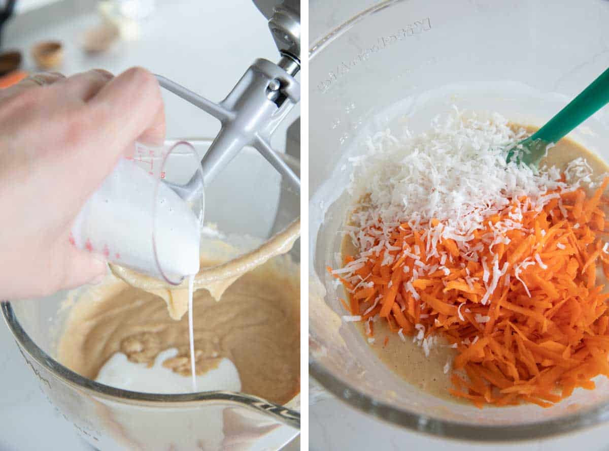 adding ingredients to carrot sheet cake batter