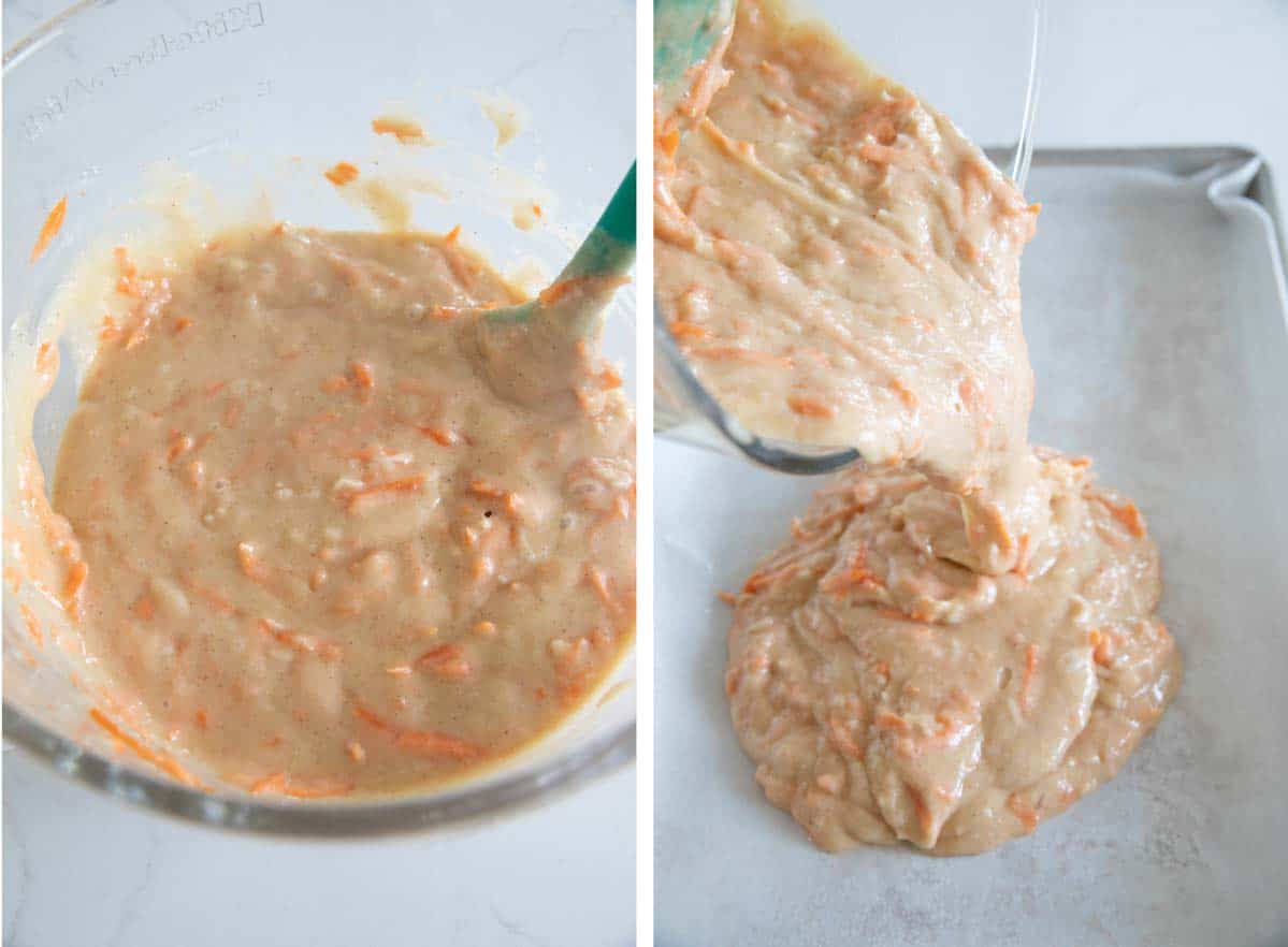 mixing carrot cake batter and pouring into sheet pan