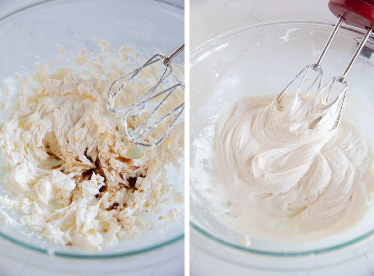 photos showing beating cream cheese frosting