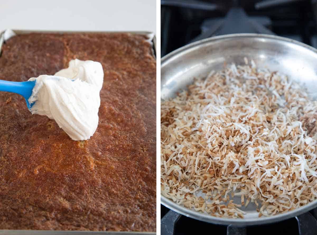 frosting carrot sheet cake and toasting coconut