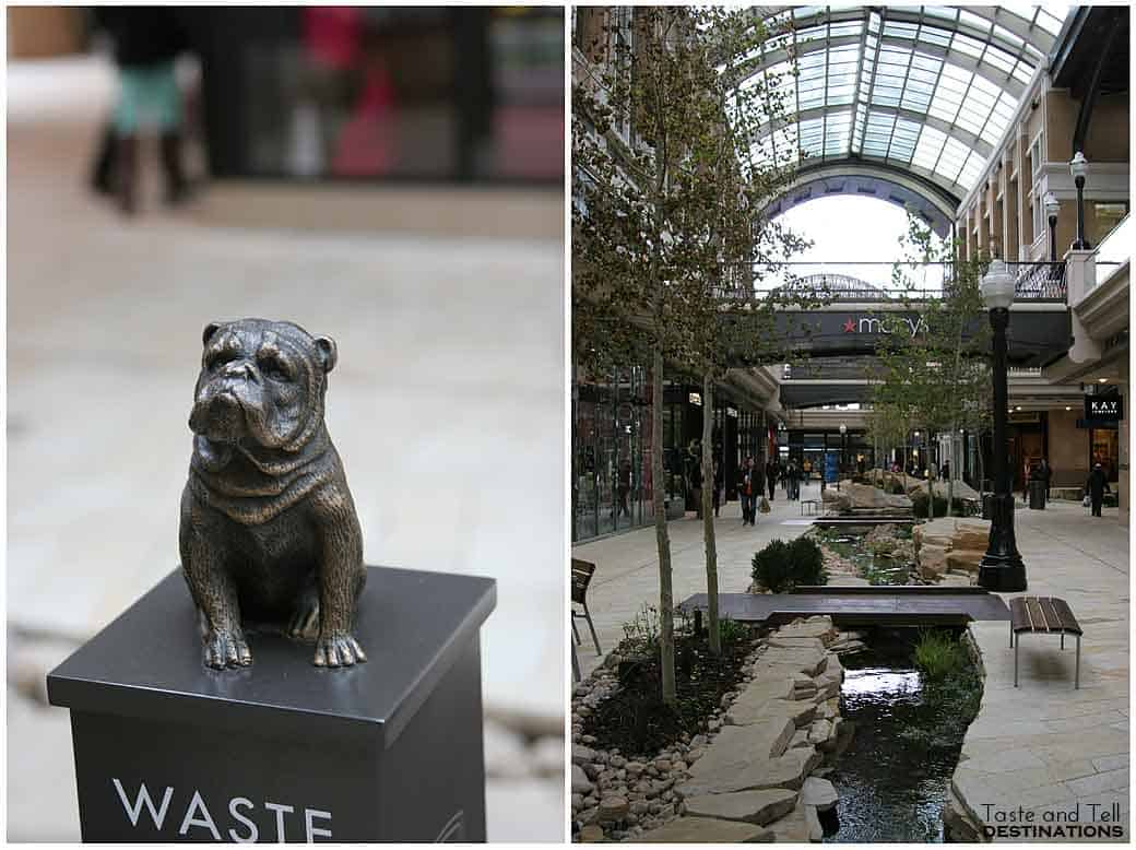 Dog statue and inside city creek center.