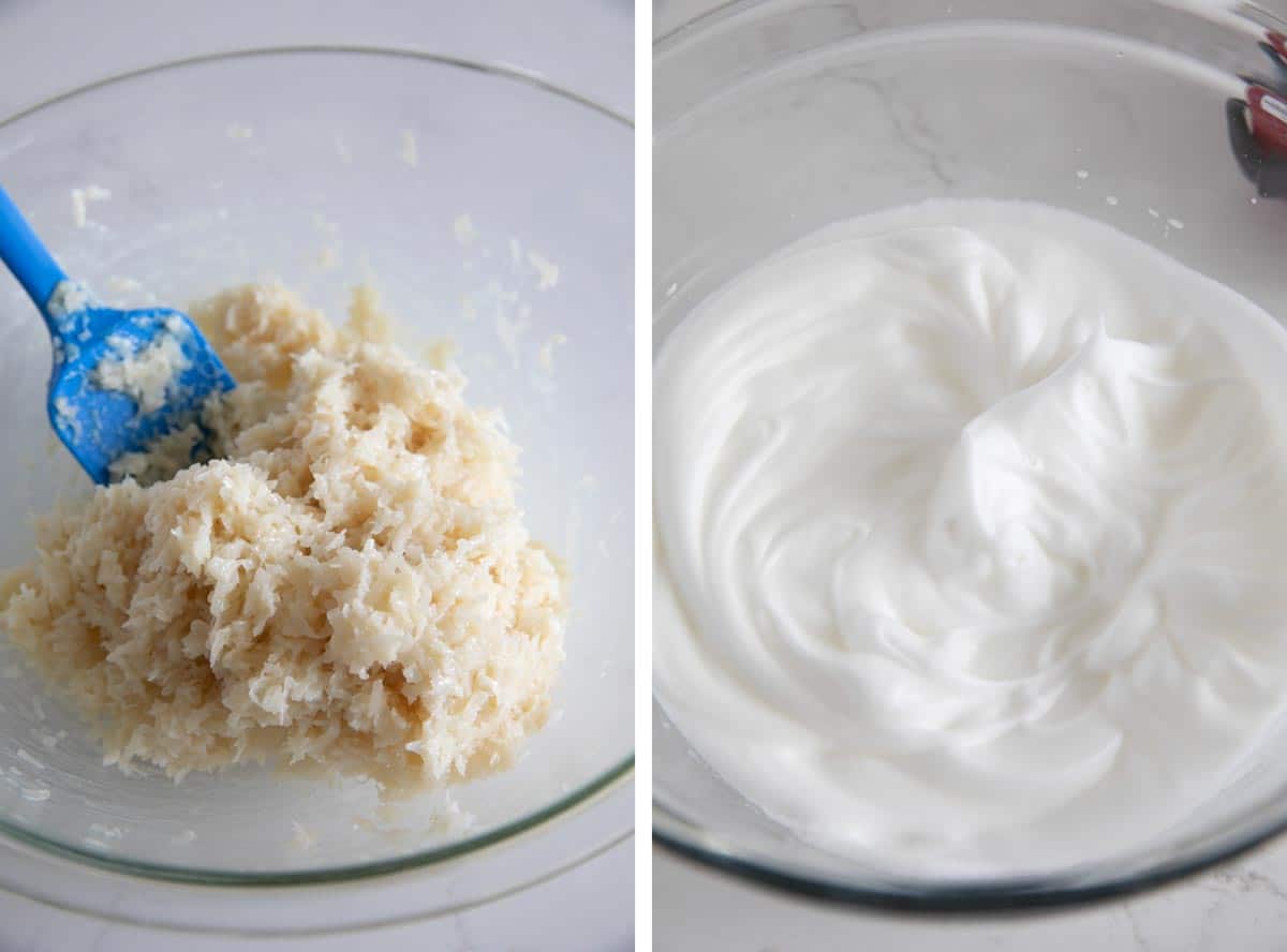 Lightly crispy on the outside and chewy on the inside, these Coconut Macaroons are made for coconut lovers! Dip the bottoms in chocolate for an even more decadent treat. mixing ingredients and whipping egg whites