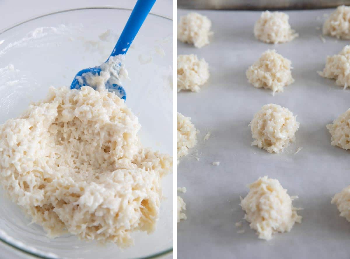 Lightly crispy on the outside and chewy on the inside, these Coconut Macaroons are made for coconut lovers! Dip the bottoms in chocolate for an even more decadent treat. mixing coconut macaroon batter and forming cookies