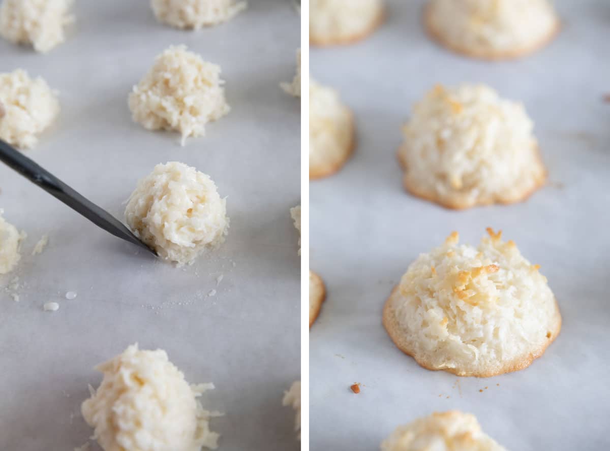 Lightly crispy on the outside and chewy on the inside, these Coconut Macaroons are made for coconut lovers! Dip the bottoms in chocolate for an even more decadent treat. baking coconut macaroons