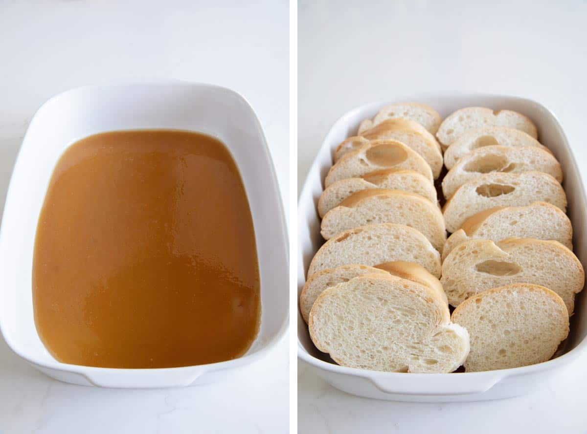 Caramel layer in bottom of casserole dish and topping with sliced French bread.