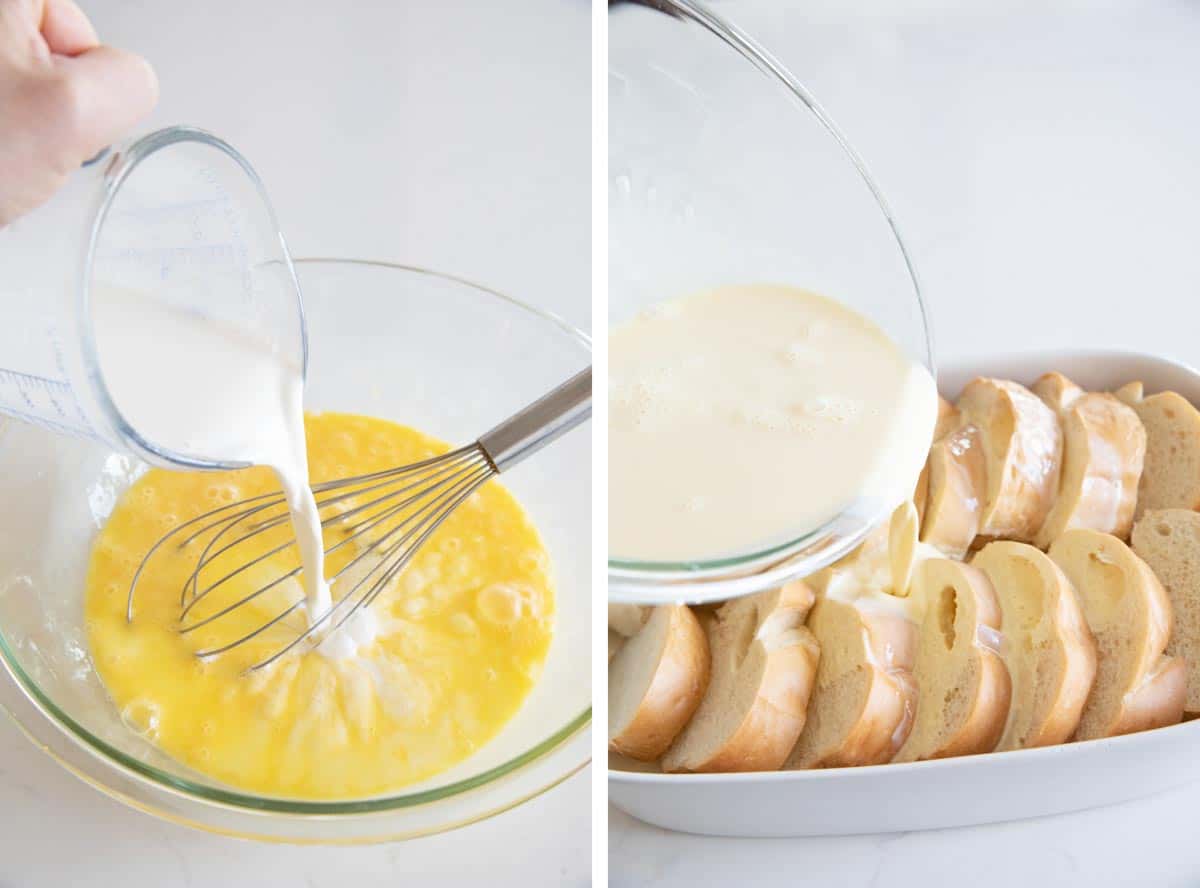 Mixing custard mixture for French toast and pouring over bread.