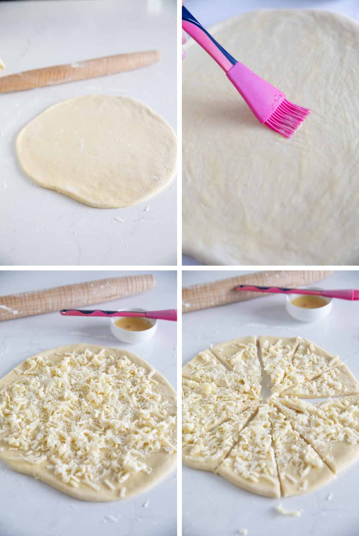 rolling out crescent roll dough, topping with cheese, and cutting into wedges.