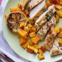 plate with Lemon Chicken with Butternut Squash with grilled lemon