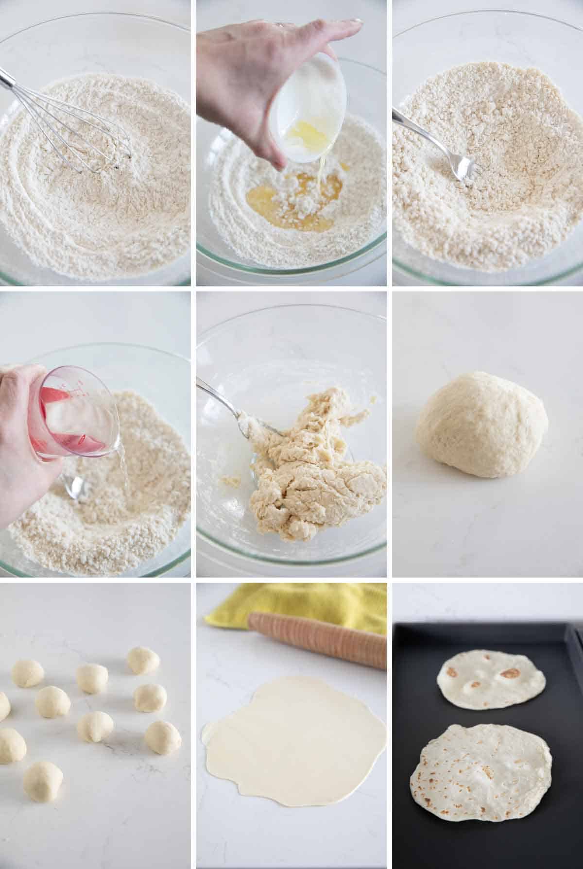 steps showing how to make flour tortillas.