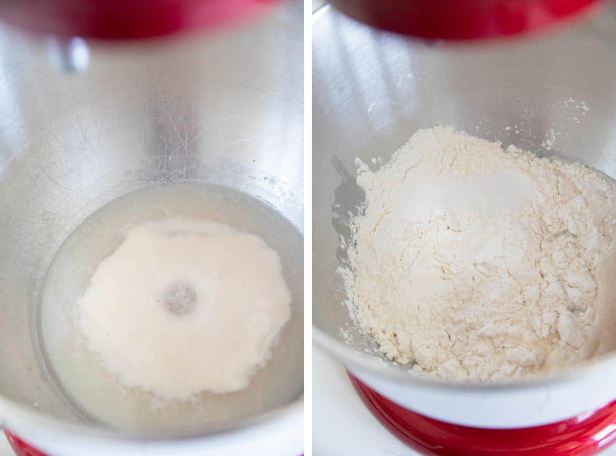 Letting yeast activate and adding flour to yeast