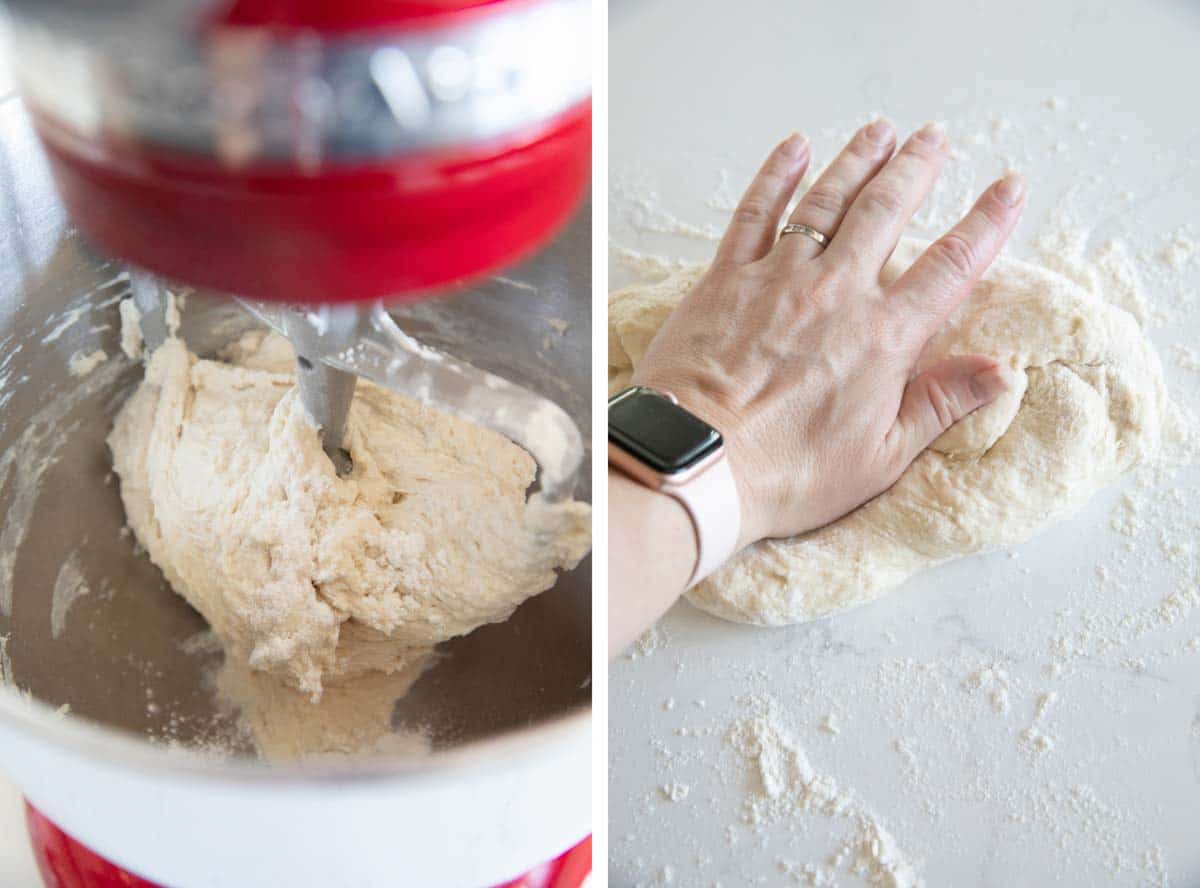 mixing French bread dough and kneading dough