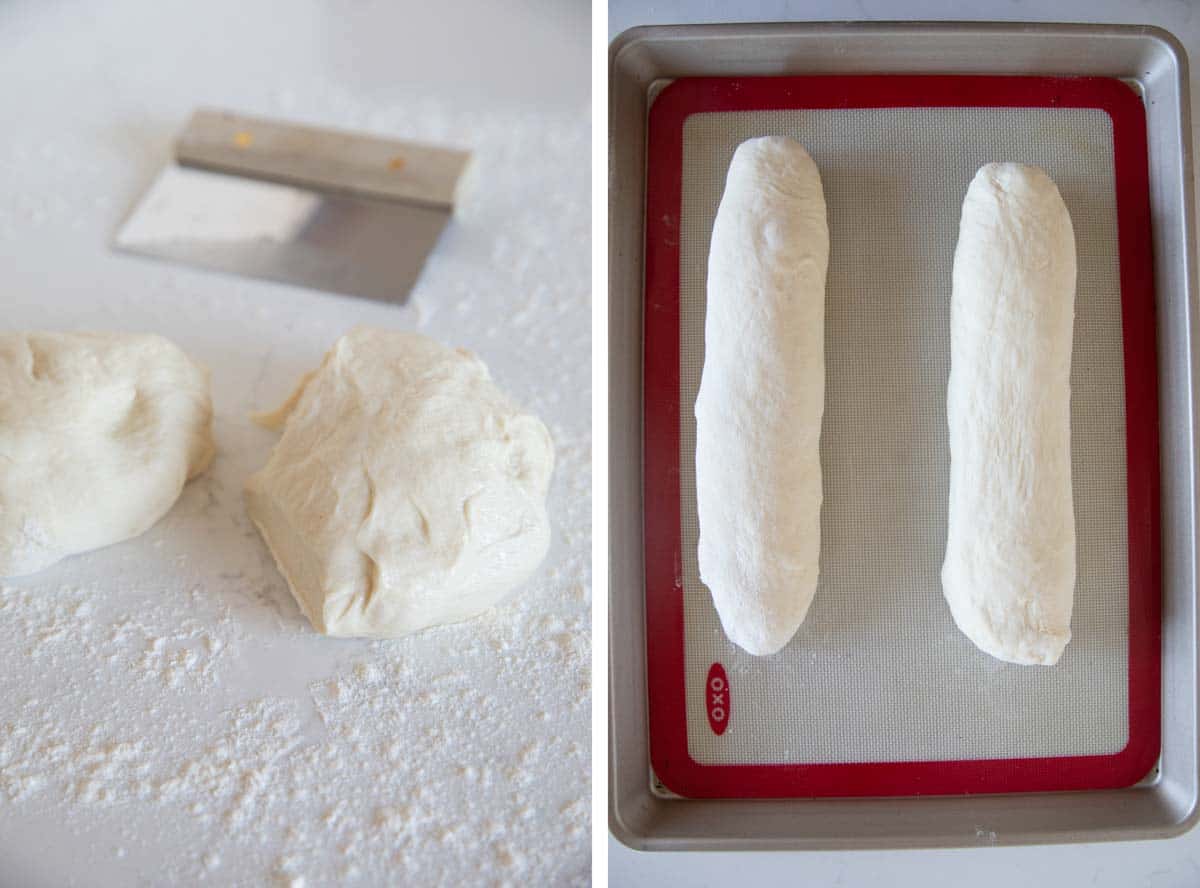 dividing bread dough and shaping into long loaves