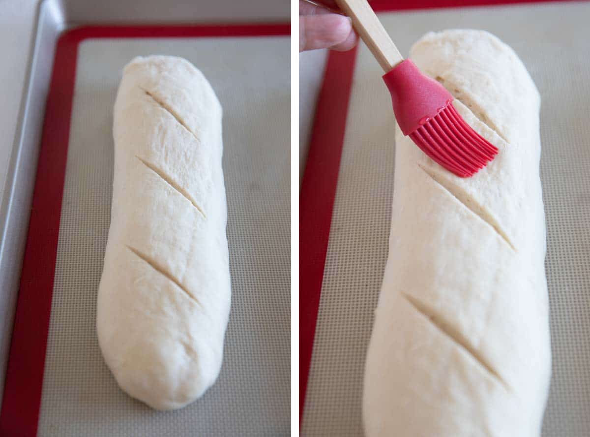 scoring French bread and brushing with water before baking.