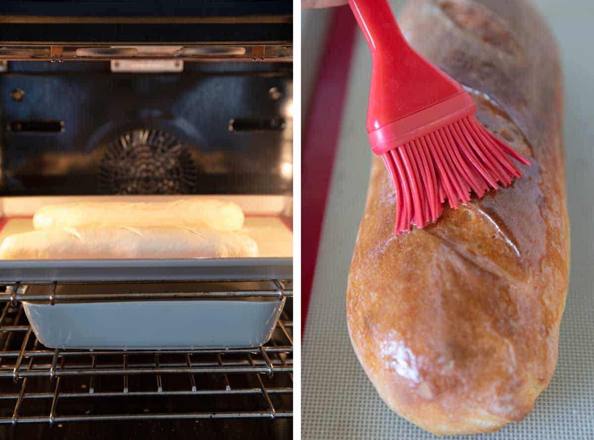 baking French Bread and brushing with butter