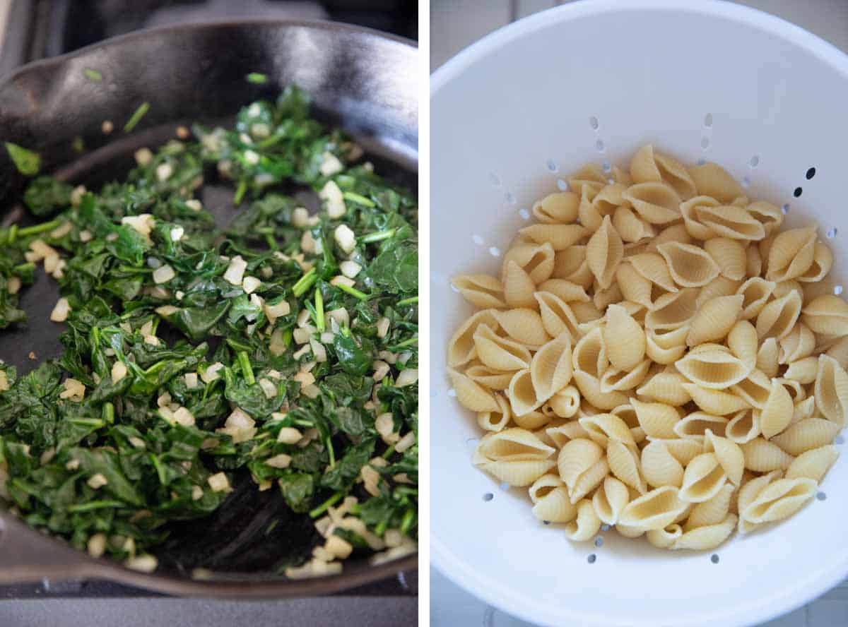 sauteing vegetables and cooking pasta