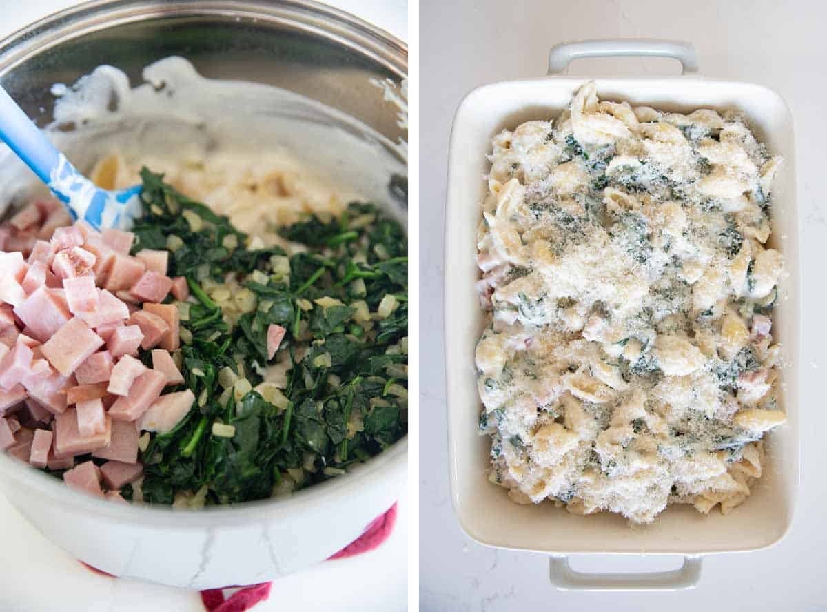 mixing pasta and ingredient together for Ham and Noodle Casserole