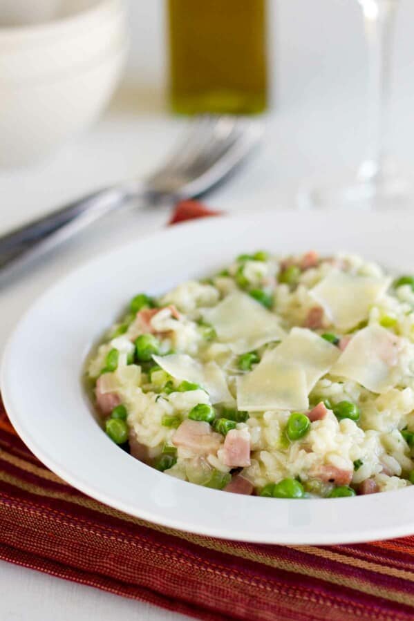 Ham Risotto with Peas in a shallow bowl